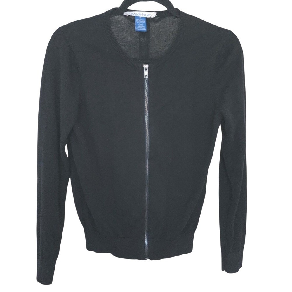 Cascade Blue Womens Full Zip Cardigan Sweater Black Cotton‎ Blend Crew Neck S